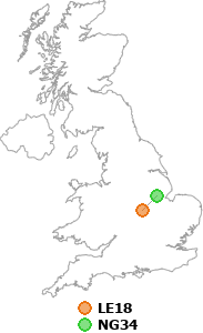 map showing distance between LE18 and NG34