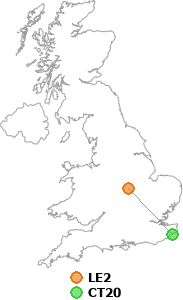 map showing distance between LE2 and CT20