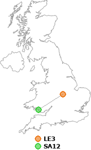 map showing distance between LE3 and SA12