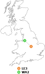 map showing distance between LE3 and WA2
