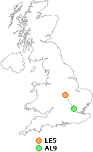 map showing distance between LE5 and AL9