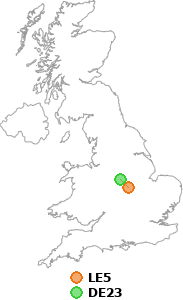 map showing distance between LE5 and DE23