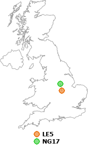 map showing distance between LE5 and NG17