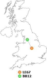 map showing distance between LE67 and BB12