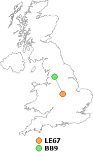 map showing distance between LE67 and BB9
