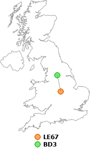 map showing distance between LE67 and BD3