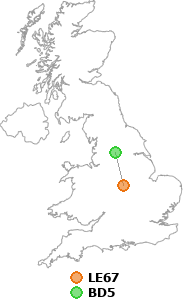 map showing distance between LE67 and BD5