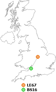 map showing distance between LE67 and BS16