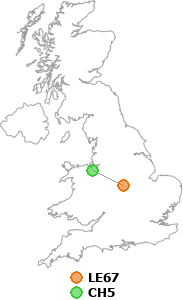 map showing distance between LE67 and CH5