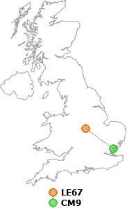 map showing distance between LE67 and CM9