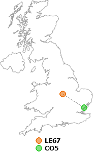 map showing distance between LE67 and CO5