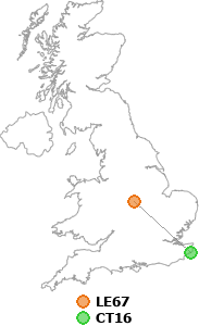 map showing distance between LE67 and CT16