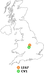 map showing distance between LE67 and CV1