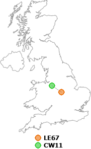 map showing distance between LE67 and CW11