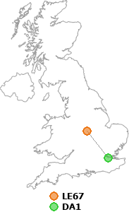 map showing distance between LE67 and DA1