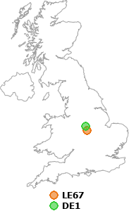 map showing distance between LE67 and DE1