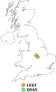 map showing distance between LE67 and DE65