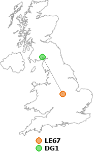 map showing distance between LE67 and DG1