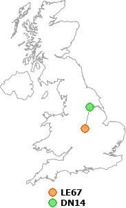 map showing distance between LE67 and DN14