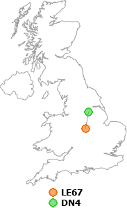 map showing distance between LE67 and DN4