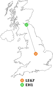 map showing distance between LE67 and EH1