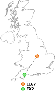 map showing distance between LE67 and EX2