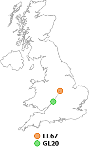 map showing distance between LE67 and GL20