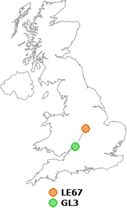 map showing distance between LE67 and GL3