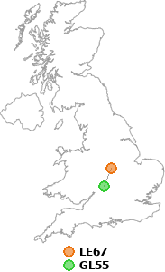 map showing distance between LE67 and GL55