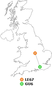 map showing distance between LE67 and GU6