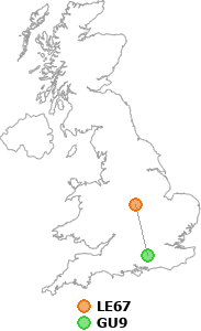 map showing distance between LE67 and GU9