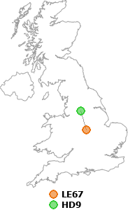 map showing distance between LE67 and HD9