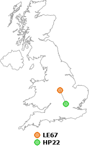 map showing distance between LE67 and HP22