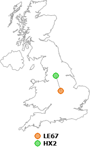 map showing distance between LE67 and HX2