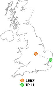 map showing distance between LE67 and IP11