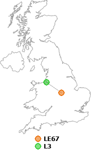 map showing distance between LE67 and L3