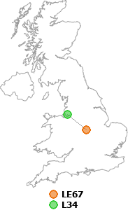 map showing distance between LE67 and L34