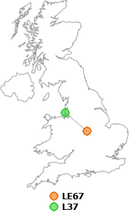 map showing distance between LE67 and L37