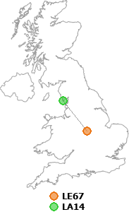map showing distance between LE67 and LA14