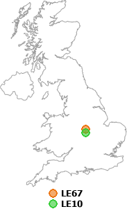 map showing distance between LE67 and LE10