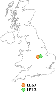 map showing distance between LE67 and LE13