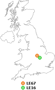 map showing distance between LE67 and LE16