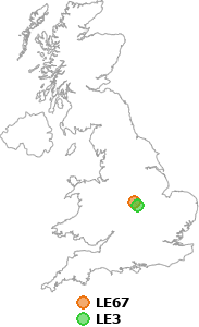 map showing distance between LE67 and LE3