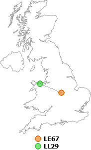 map showing distance between LE67 and LL29