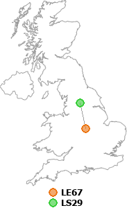 map showing distance between LE67 and LS29