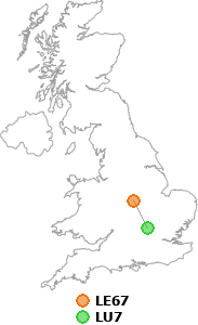 map showing distance between LE67 and LU7