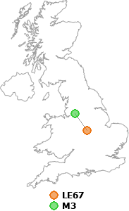 map showing distance between LE67 and M3