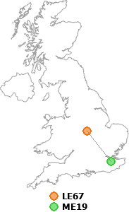 map showing distance between LE67 and ME19