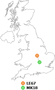 map showing distance between LE67 and MK18