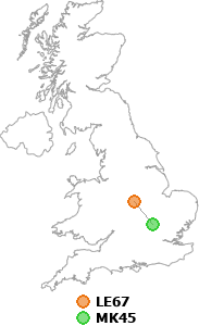 map showing distance between LE67 and MK45